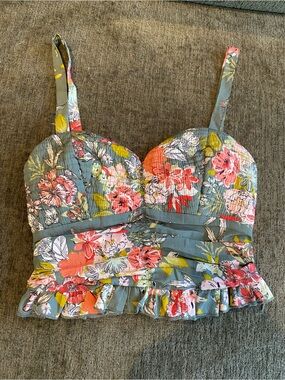 Floral Ruffle Cropped bustier crop top in green and Coral